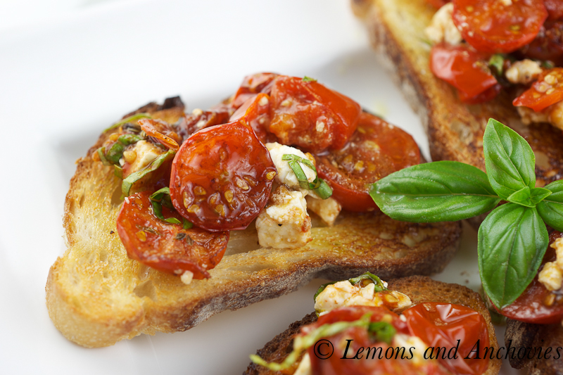 Bruschetta with Roasted Tomatoes, Thyme and Feta - Lemons + Anchovies