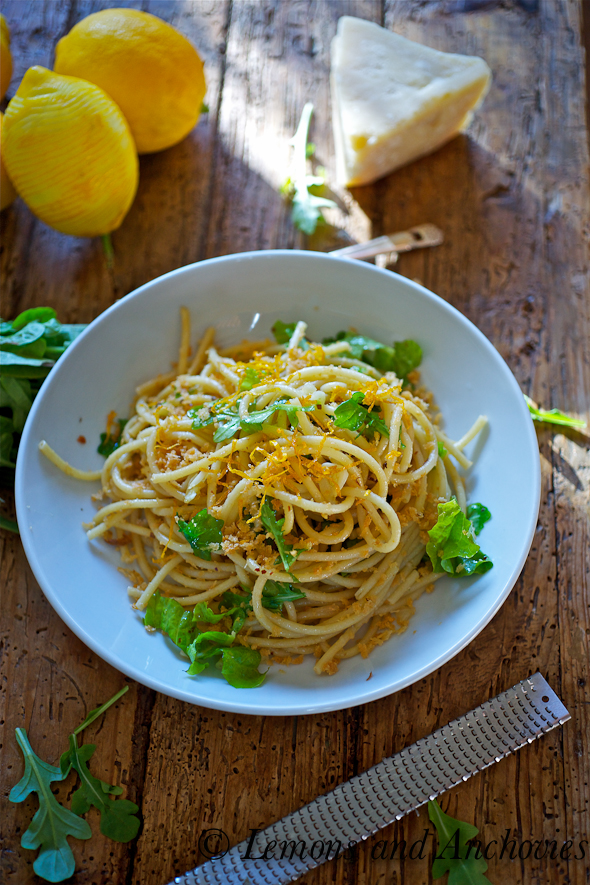 Bucatini with Arugula, Anchovies, and Fried Lemon Zest - Lemons + Anchovies