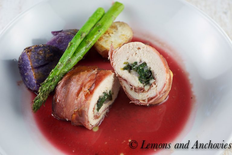 Chicken Roulade with Prosciutto, Spinach and Pomegranate Reduction