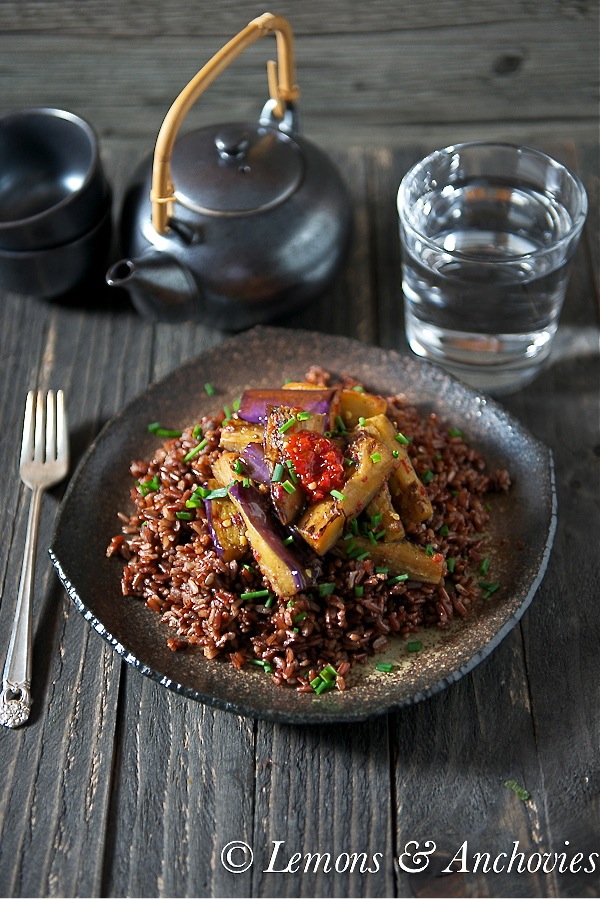 Stir-Fried Eggplant with Sambal over Red Rice