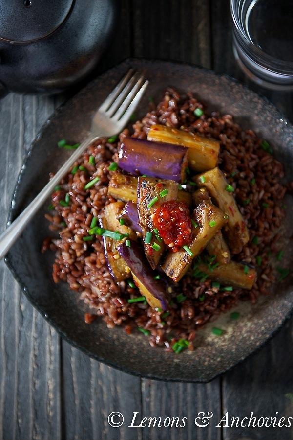 Stir-Fried Eggplant with Sambal over Red Rice