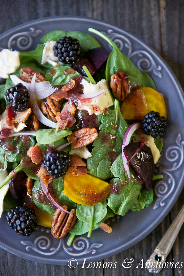 Spinach & Roasted Beet Salad with Berry-Balsamic Vinaigrette | https://lemonsandanchovies.com