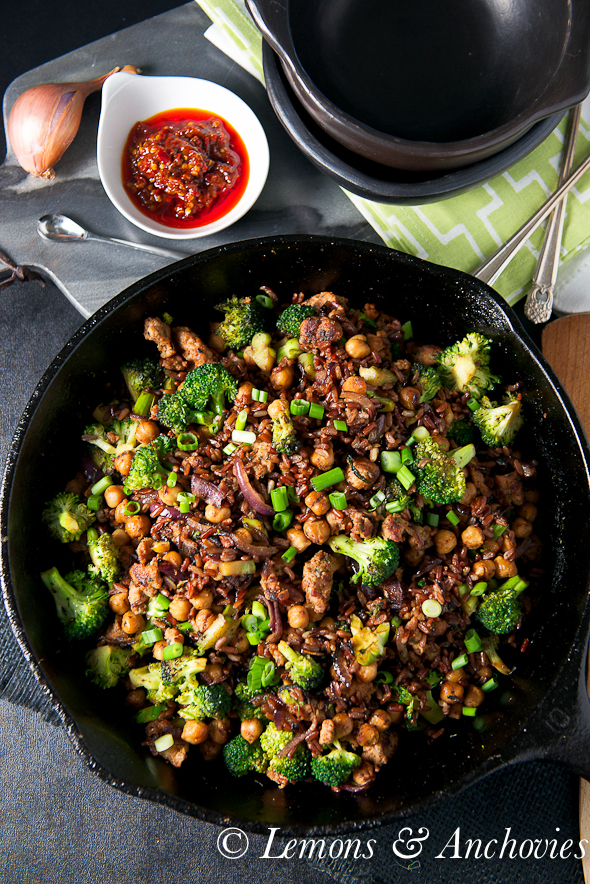 Stir-Fried Sausage, Chickpeas and Red Rice