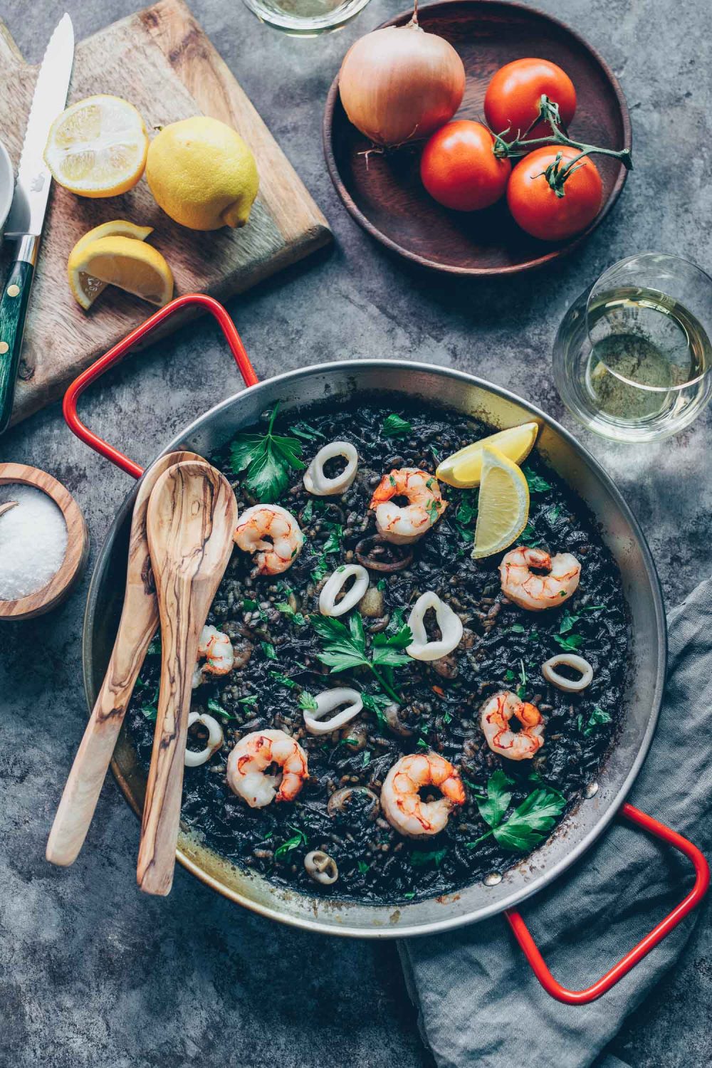 Arròs Negre (Squid Ink Paella/Paella Negra) Lemons + Anchovies