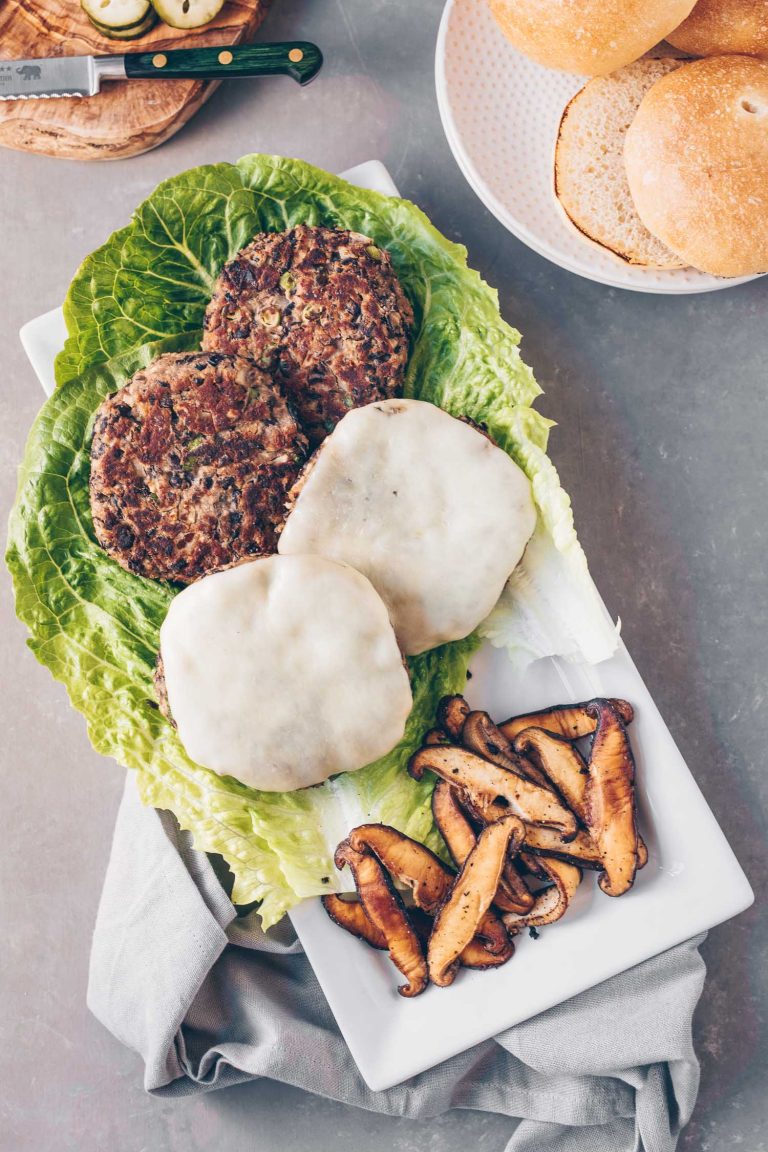 Black Bean Burger with Shiitake Bacon Lemons + Anchovies