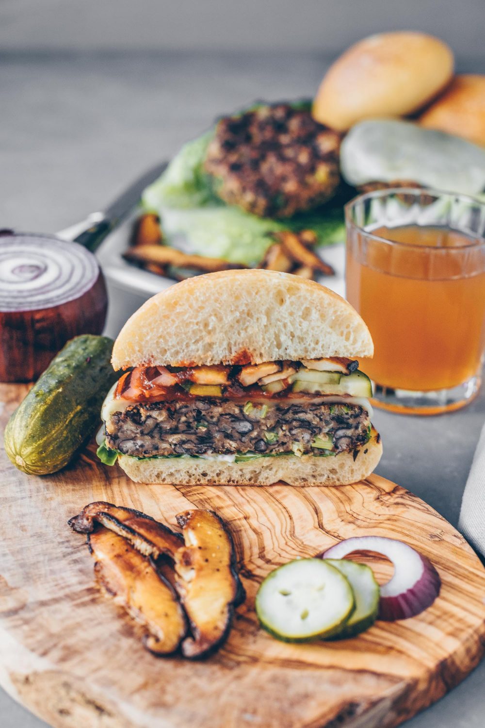 Black Bean Burger with Shiitake Bacon Lemons + Anchovies