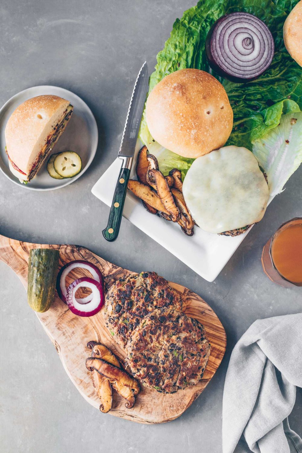 Black Bean Burger with Shiitake Bacon Lemons + Anchovies