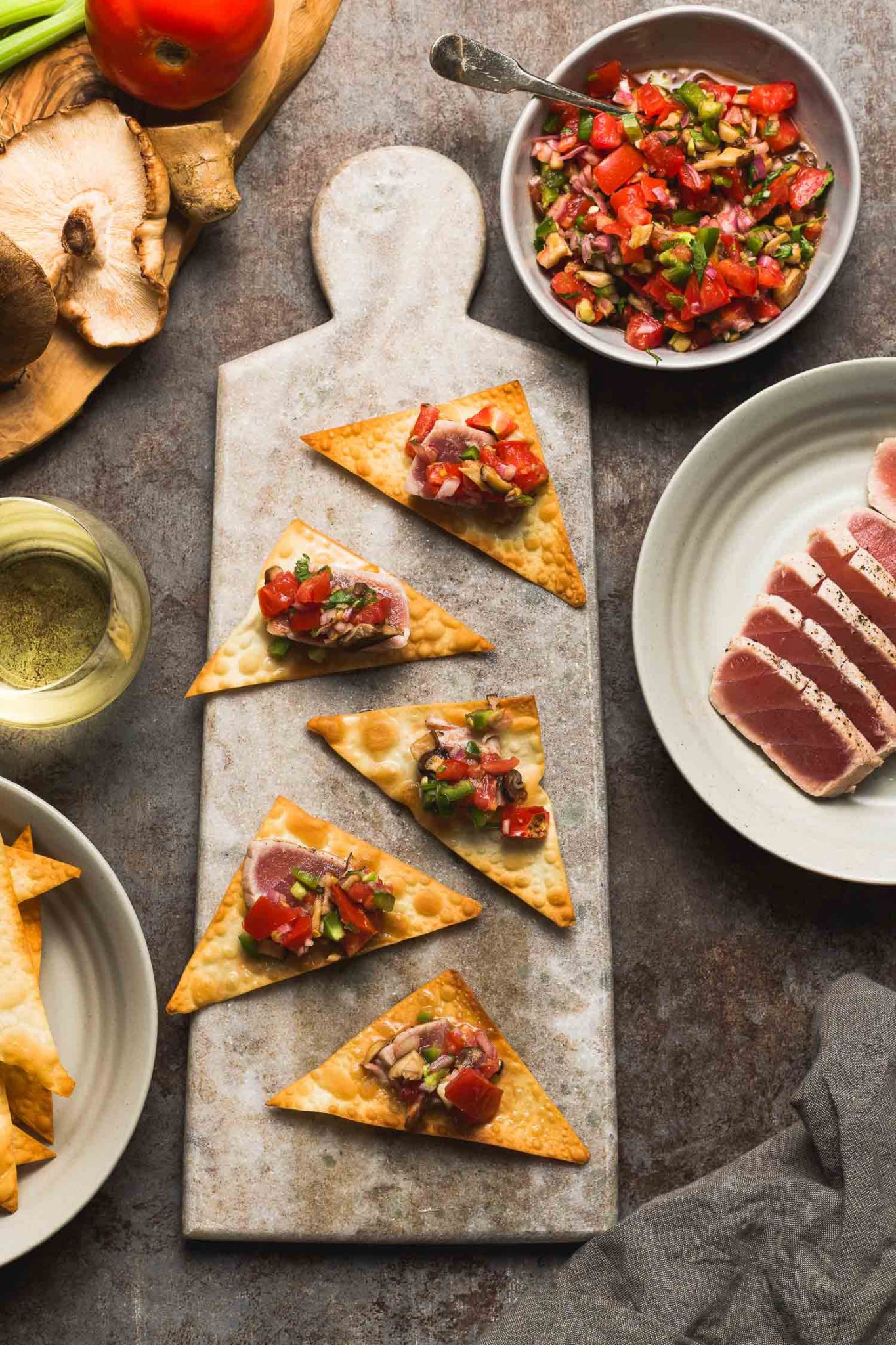 Shiitake Mushroom Salsa with Wonton Chips Lemons + Anchovies