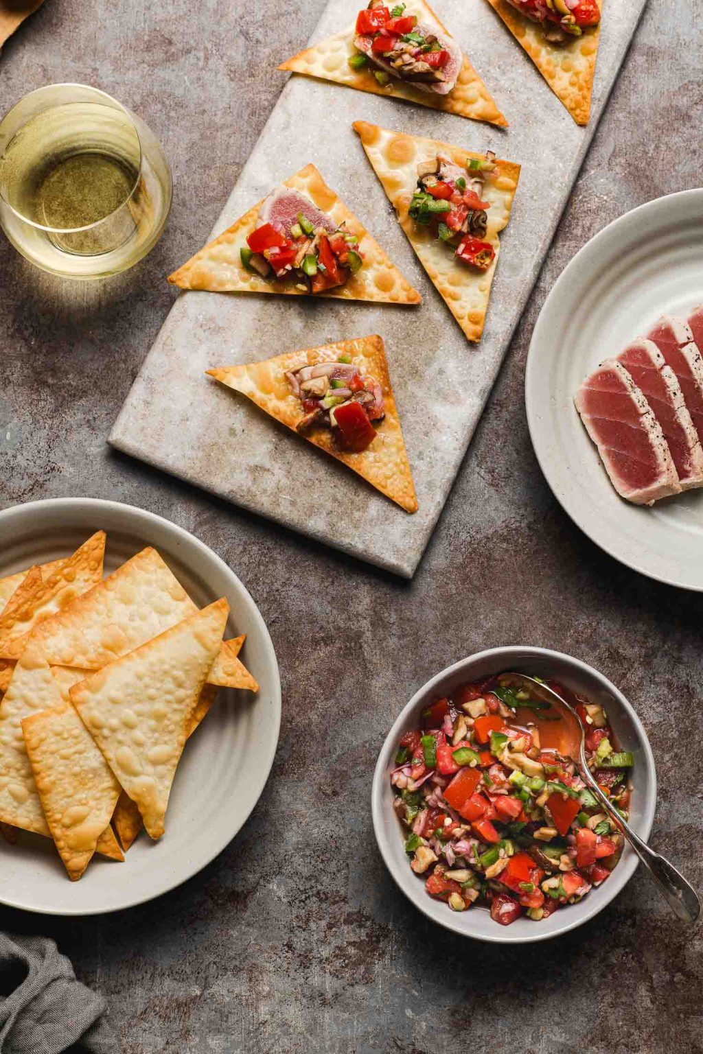 Shiitake Mushroom Salsa with Wonton Chips Lemons + Anchovies