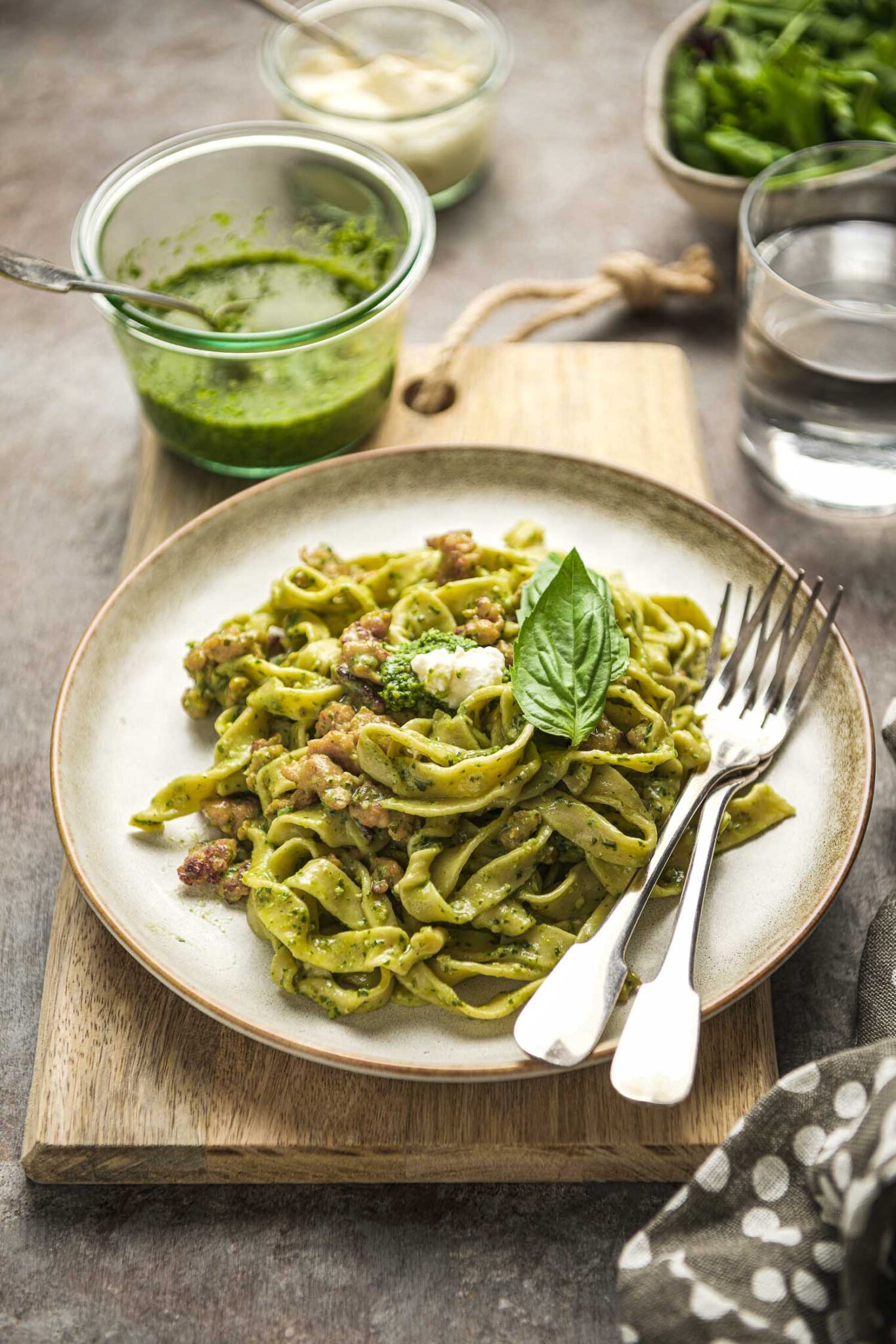 Homemade Pasta with Pesto, Sausage and Ricotta Lemons + Anchovies