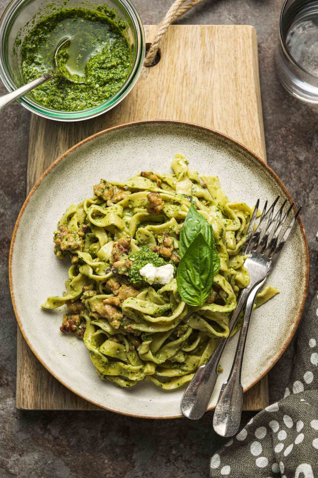 Homemade Pasta with Pesto, Sausage and Ricotta Lemons + Anchovies