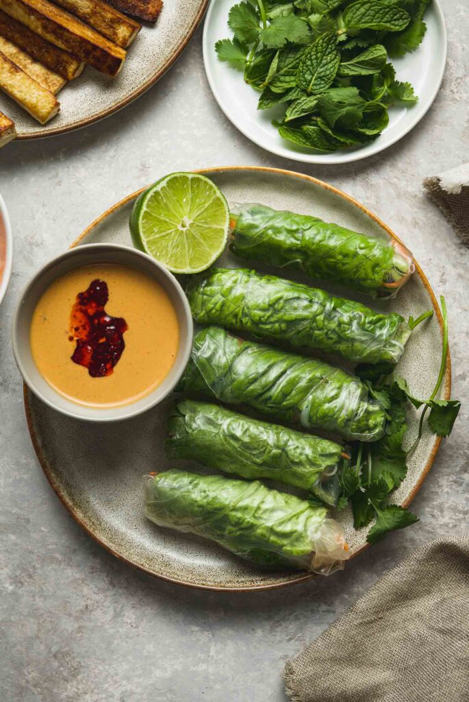 Tofu Spring Rolls with Peanut Dipping Sauce Lemons + Anchovies